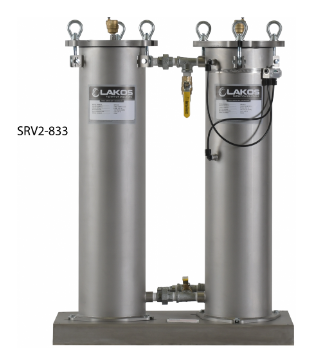 This is a Lakos OEM Model SRV2-833 Separator  It is also known as Part # 136975  This is a Lakos Solids Recovery Vessel featuring 2 (Qty) SRV-833 units with Indicator package on a skid.   Includes two 10-micron bags, Indicator package, and hoses.   Solids Recovery Vessel for eHTX Separators  Refer to the pictures for more information on dimensions