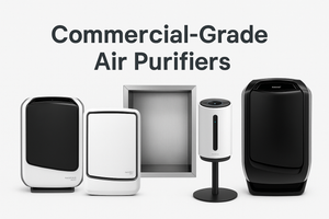 Banner showing a lineup of AeraMax commercial-grade air purifiers with centered text "Commercial-Grade Air Purifiers" for improved indoor air quality.
