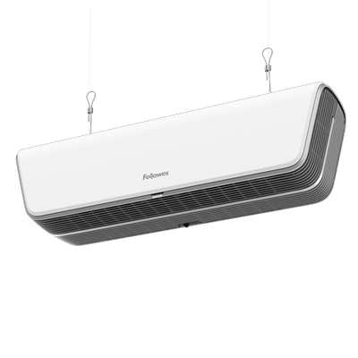 White networked purifier with dual H13 True HEPA filters; ideal in open ceiling spaces