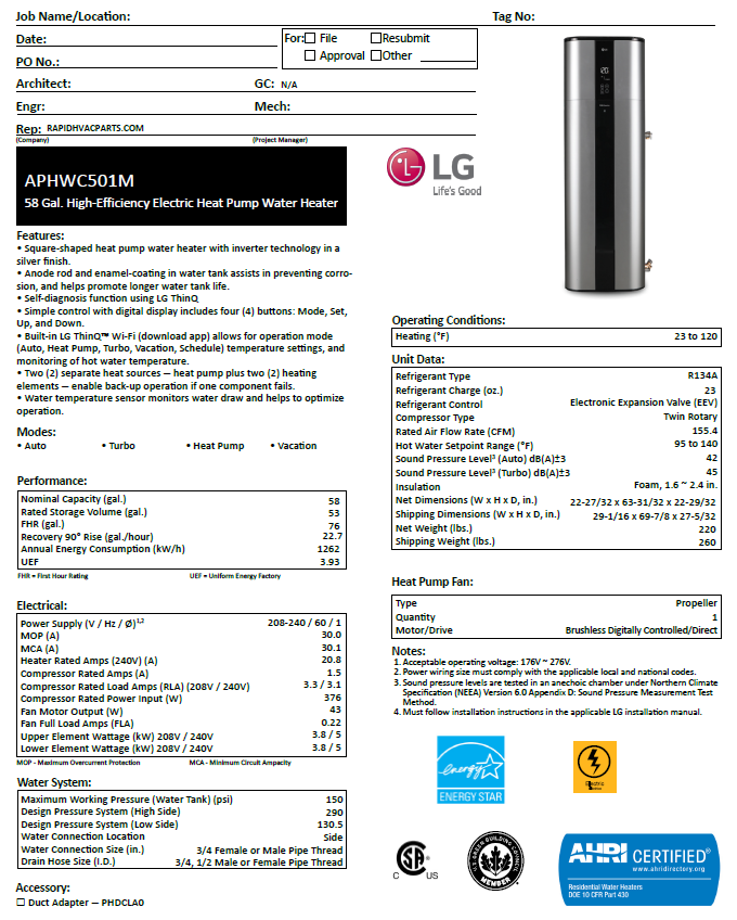 APHWC501M LG Inverter Heat Pump Water Heater 58 Gallon