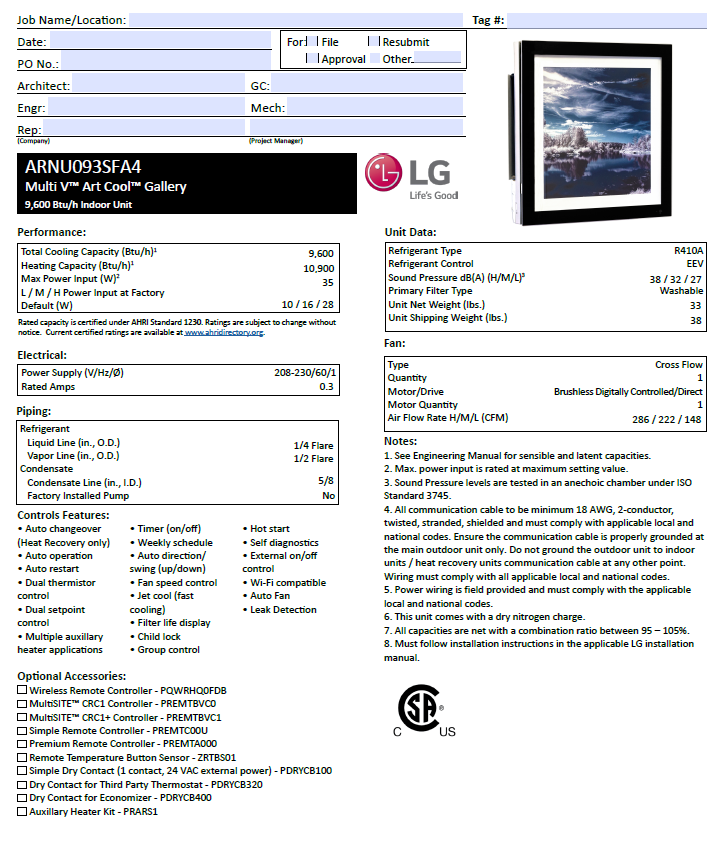 ARNU093SFA4 LG Multi V™ Art Cool™ Gallery 9,600 Btu/H Indoor