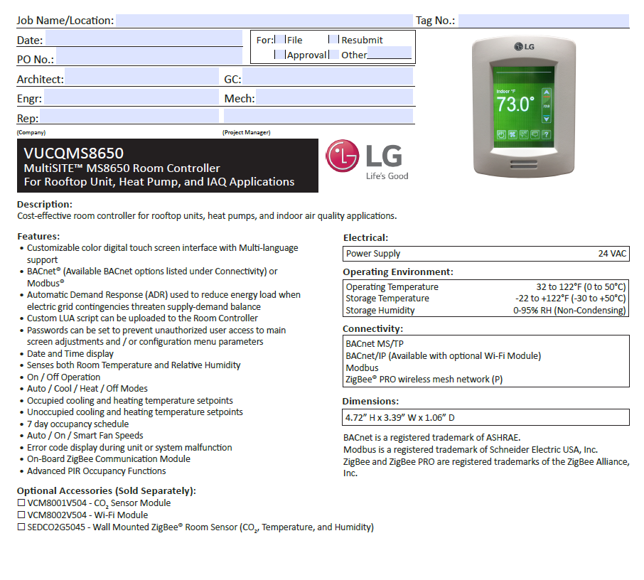 VUCQMS8650 - LG MS8650 - RTU & HPU Room Controller – RapidHVACParts
