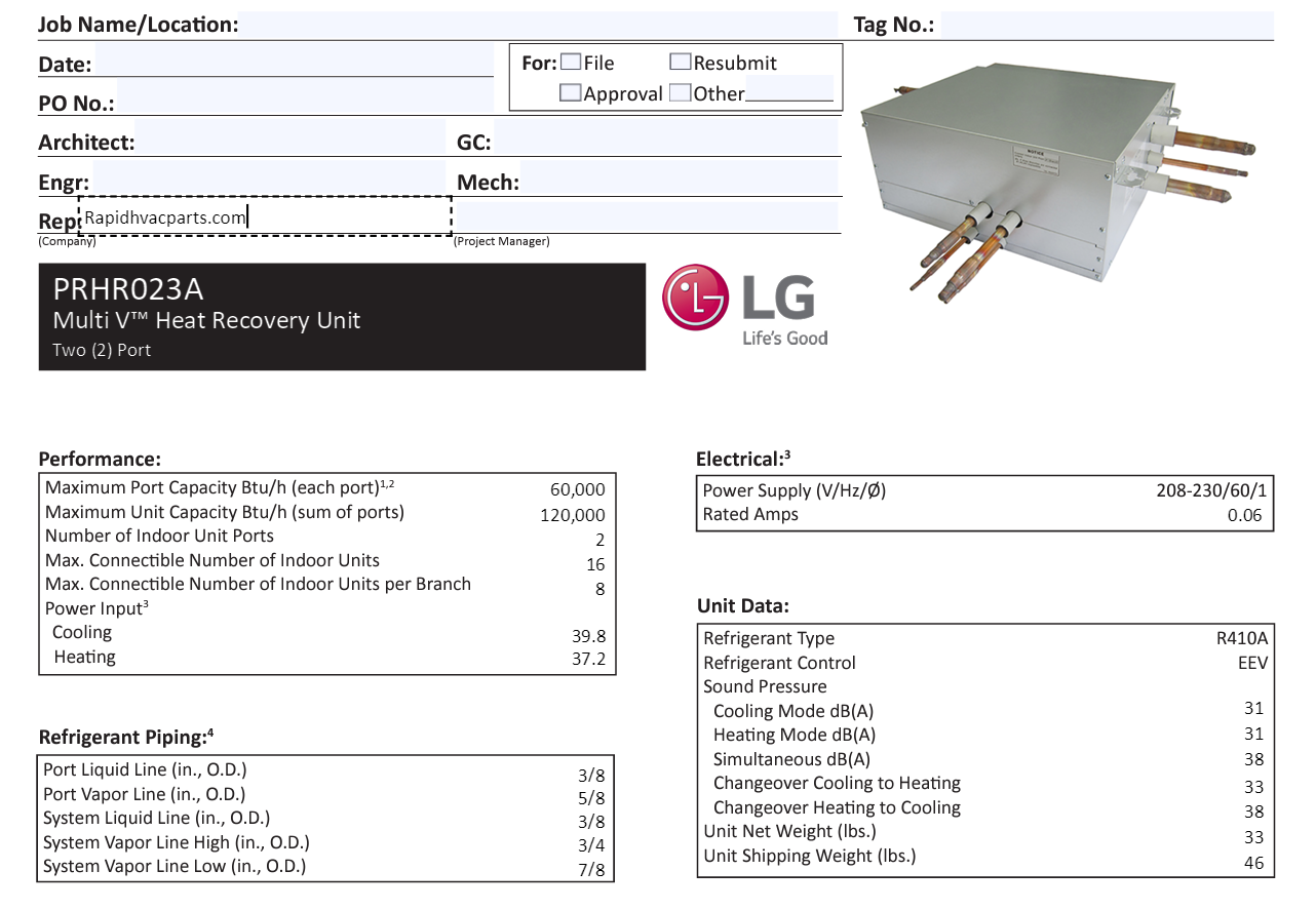 PRHR023A - LG Multi V™ Heat Recovery Unit 2 Port - 2 Branch - PRHR022A ...