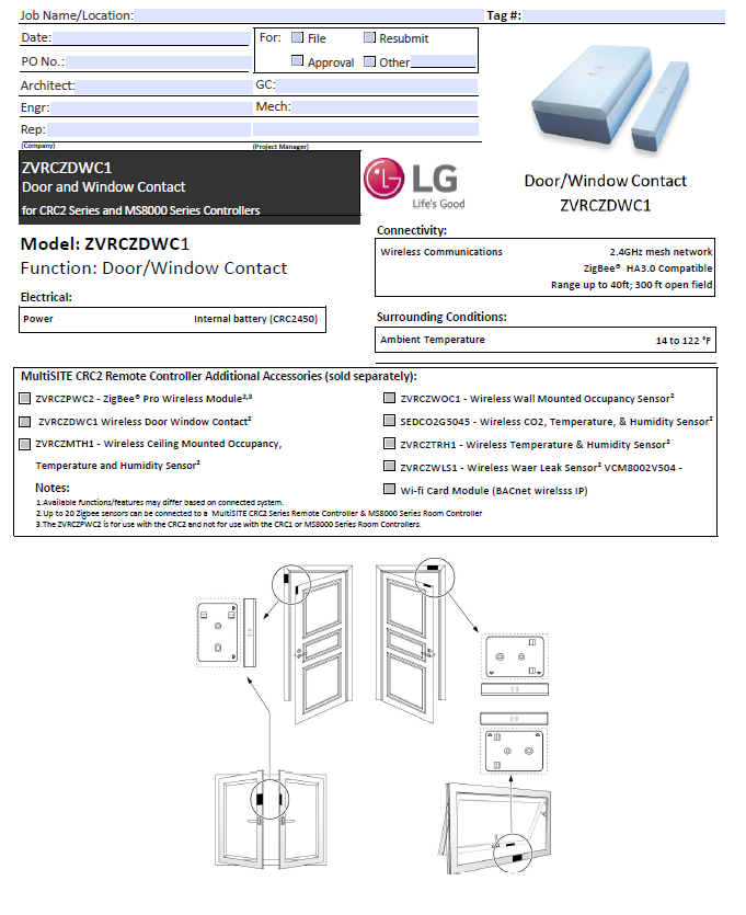 ZVRCZDWC1 - LG MultiSITE - Wireless Controller - Zigbee Door and