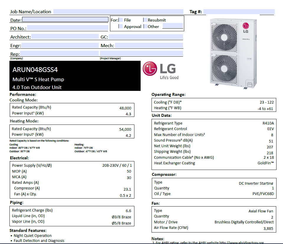 ARUN048GSS4 - LG 4 Ton Multi V S Heat Pump ODU - Replaces