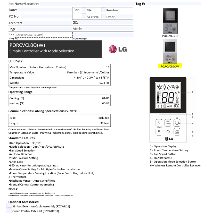 PQRCVCL0QW - LG Simple Wired Remote Controller WHITE - AKB72955815 ...