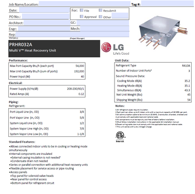 Model PRHR032A - LG Multi V Heat Recovery Unit 4 Ports
Fast Free Shipping Nationwide &amp; Full Warranty Included
Replaces PRHR031A