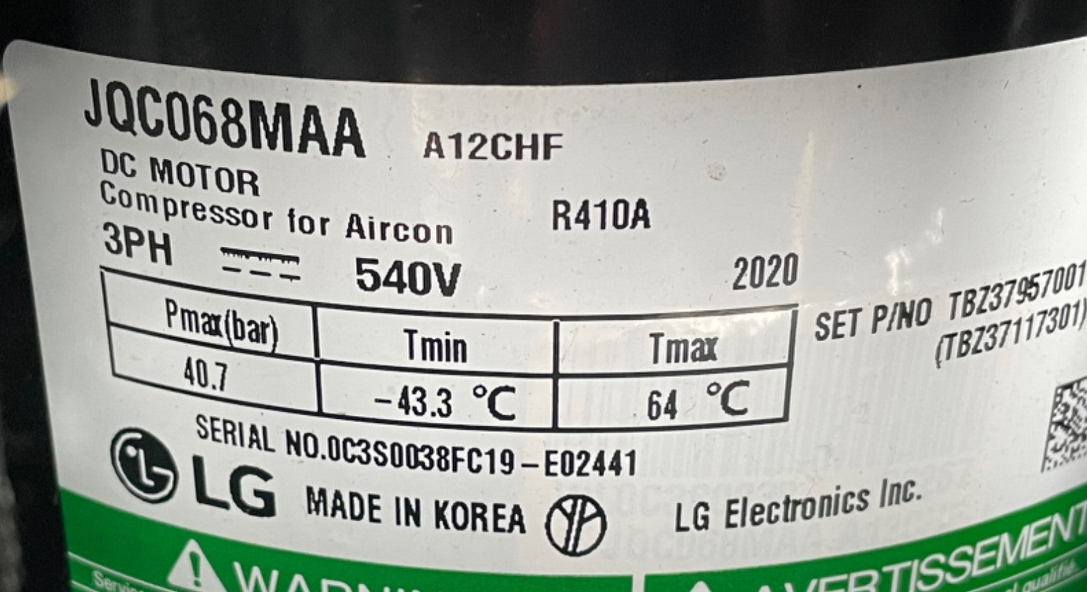 TBZ37117301 - LG Compressor - Model JQC068MAA - Replaces TBZ37957001-T ...