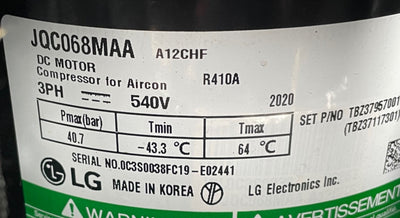 This is LG OEM Part # TBZ37117301 This is LG OEM Compressor Model # JQC068MAA This compressor replaces older part #'s TBZ37957001 - TBZ38234301 - TBZ38954601 - TBZ38154601 - TBZ38116401. 